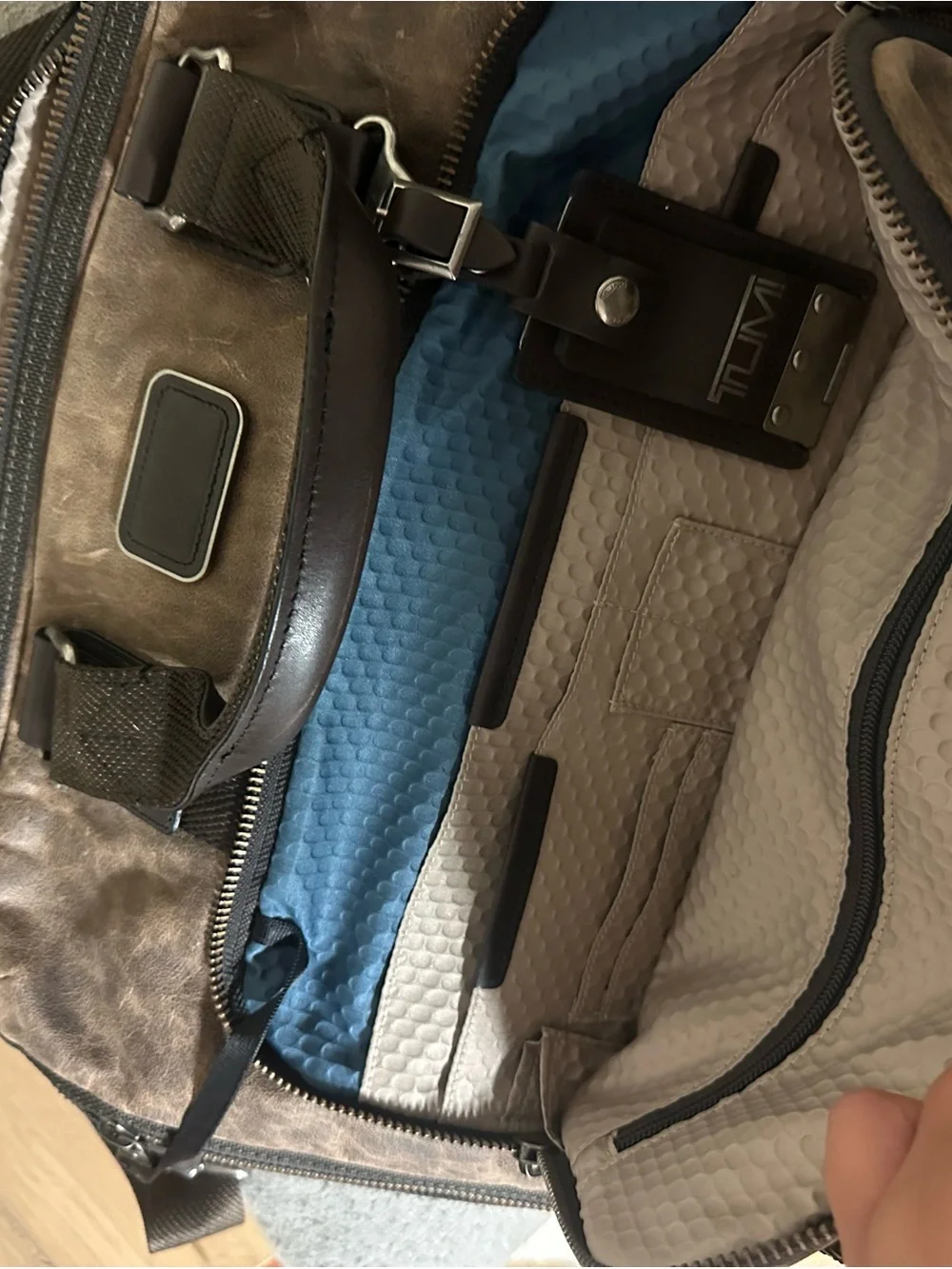Tumi Distressed Brown Leather Laptop Briefcase with Dark Trim